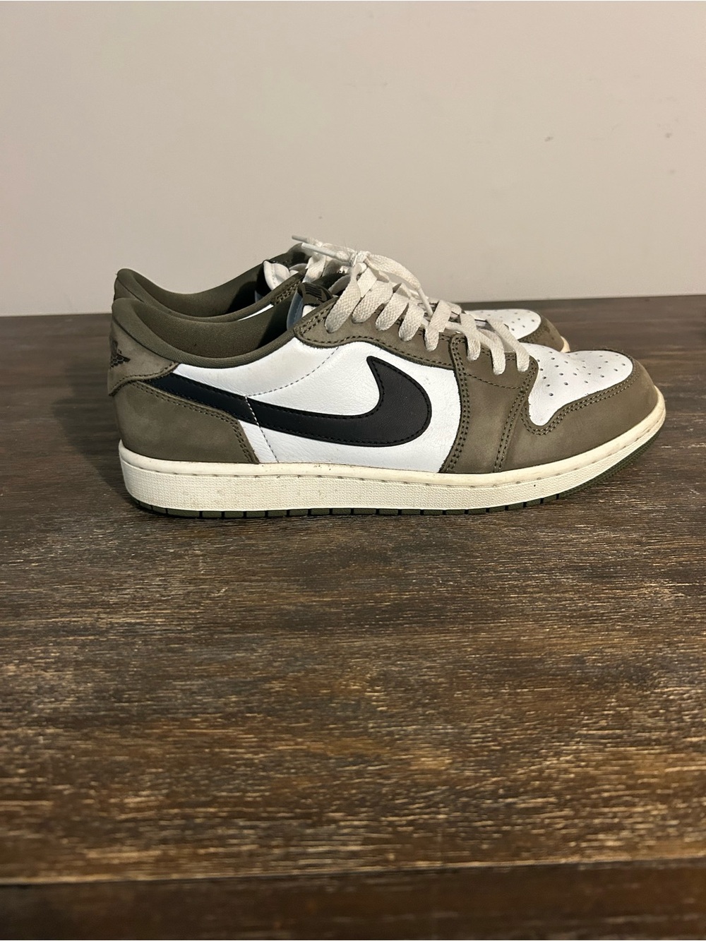 Jordan Men’s Low-Top Sneaker in White, Olive, and Black